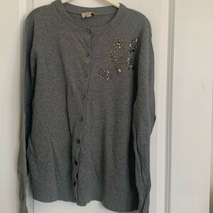 Ann Taylor Loft Cotton Jewelry Embellished Cardigan like new. XL Dark Grey